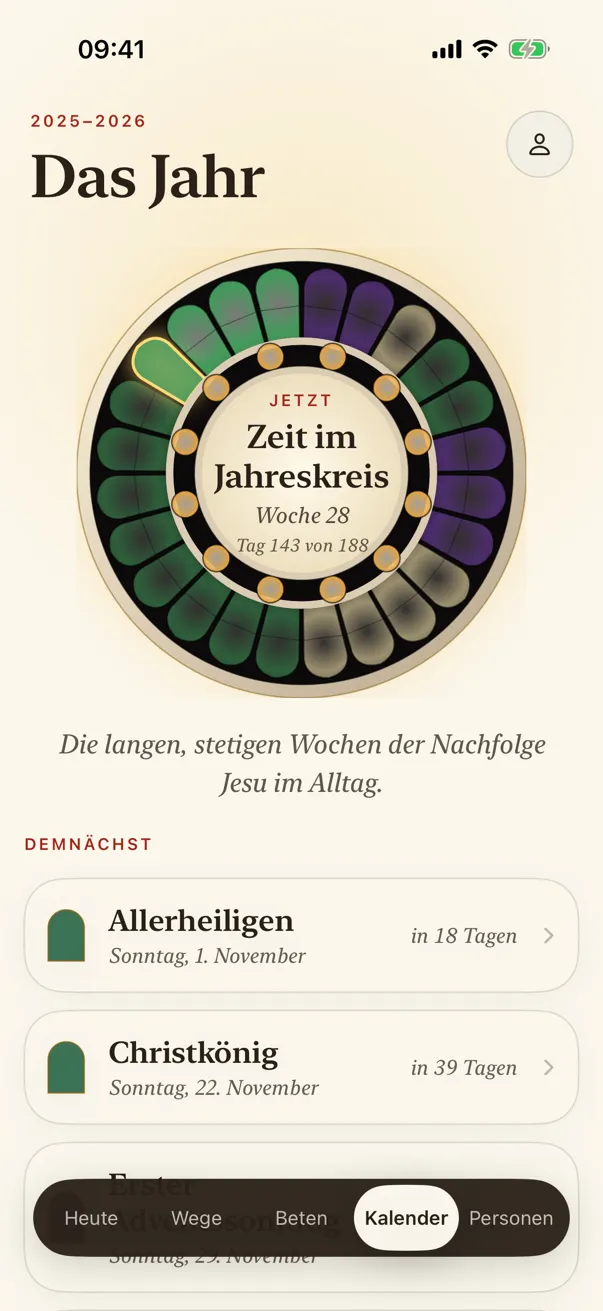 Der Kalender: das Jahr als Rosette in den Farben der Zeiten, und die Tage, an die du dich erinnerst.