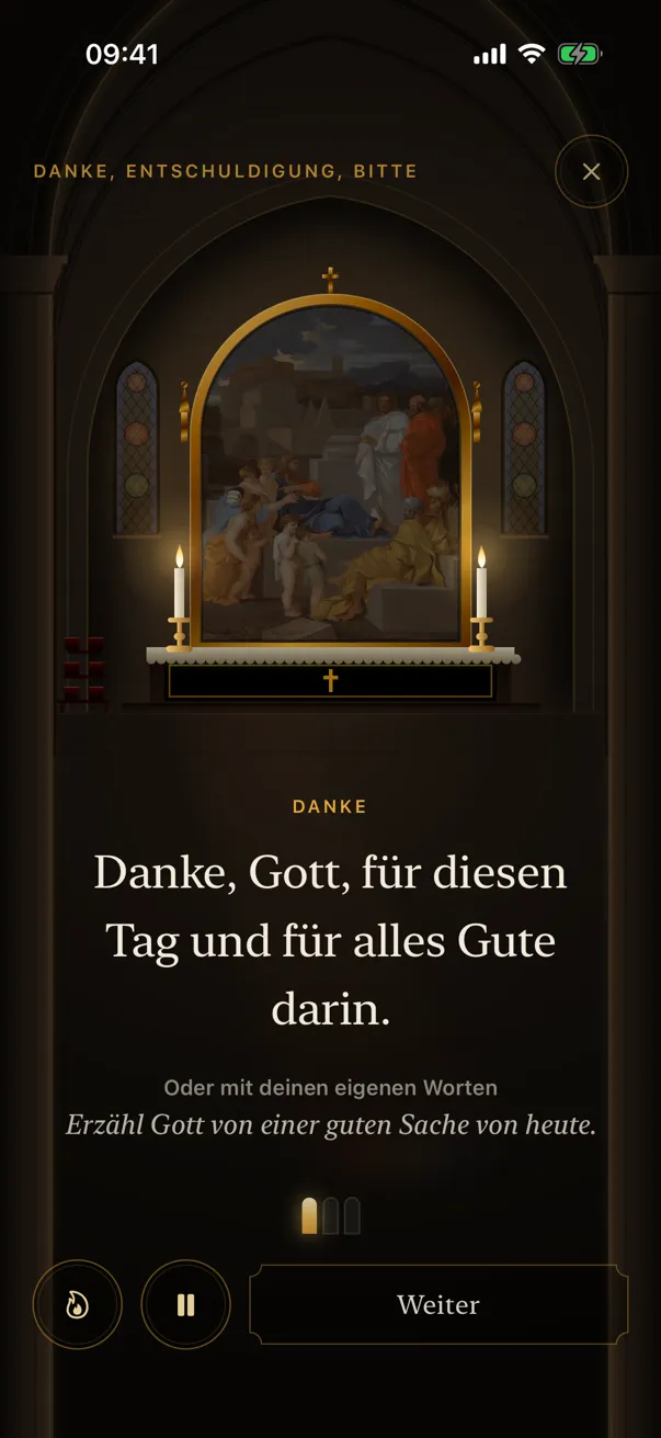 Ein geführtes Gebet in der App: ein Gemälde über einem Altar im Kerzenlicht und darunter die Worte zum Beten.