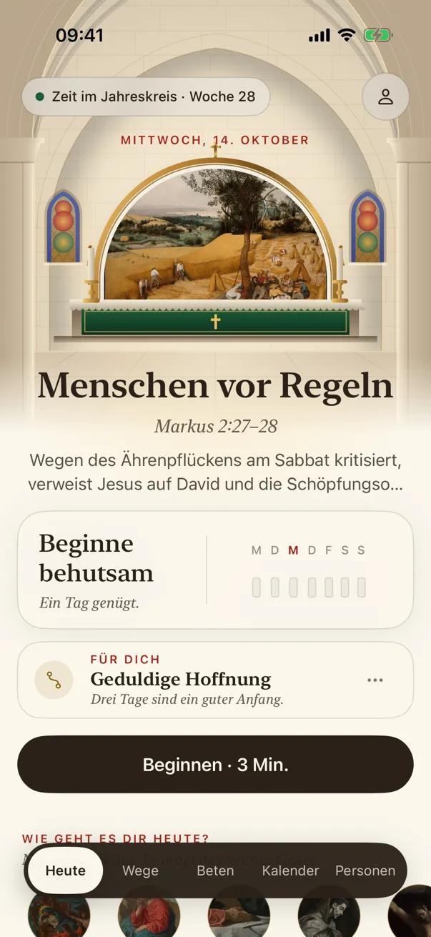 Der Bildschirm Heute: das Gemälde des Tages über dem Altar einer Kirche, die Übung von heute und die Woche der Fenster.