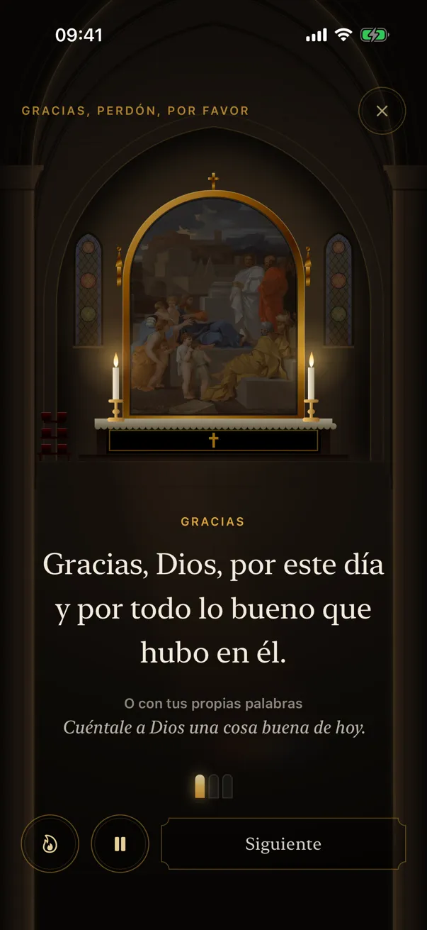Una oración guiada en la app: una pintura sobre un altar con velas encendidas y, debajo, las palabras para orar.