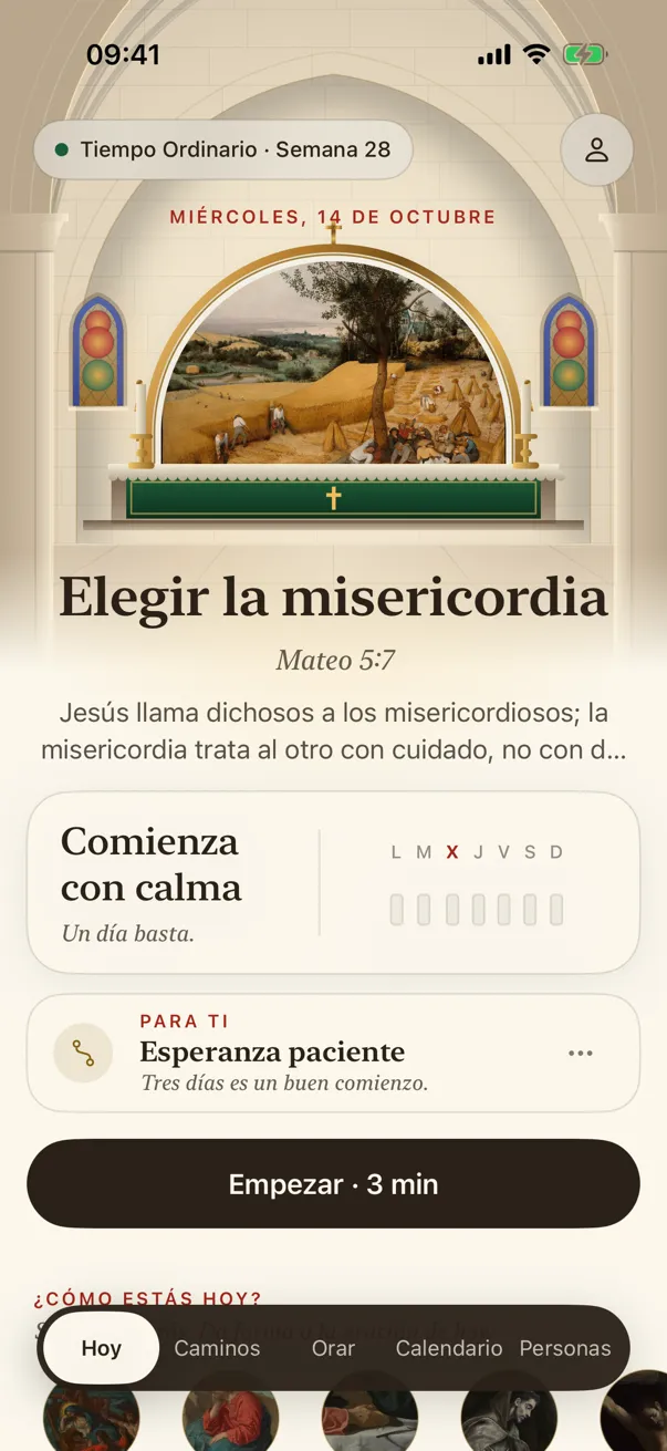 La pantalla Hoy: la pintura del día sobre el altar de una iglesia, la práctica de hoy y la semana de ventanas.