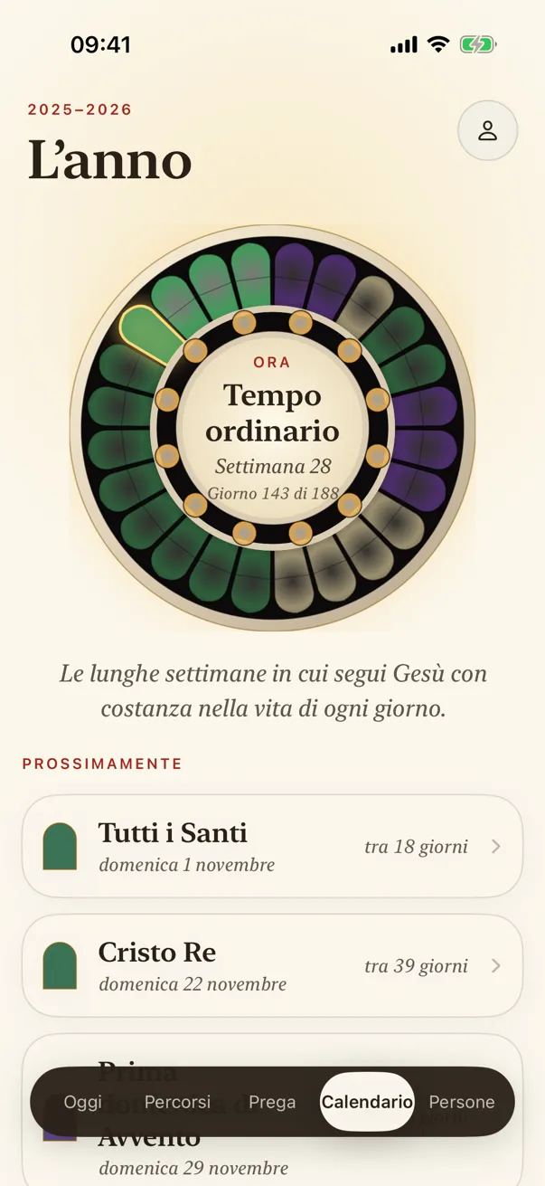 Il Calendario: l'anno come un rosone nei colori dei tempi liturgici, e i giorni che ricordi.