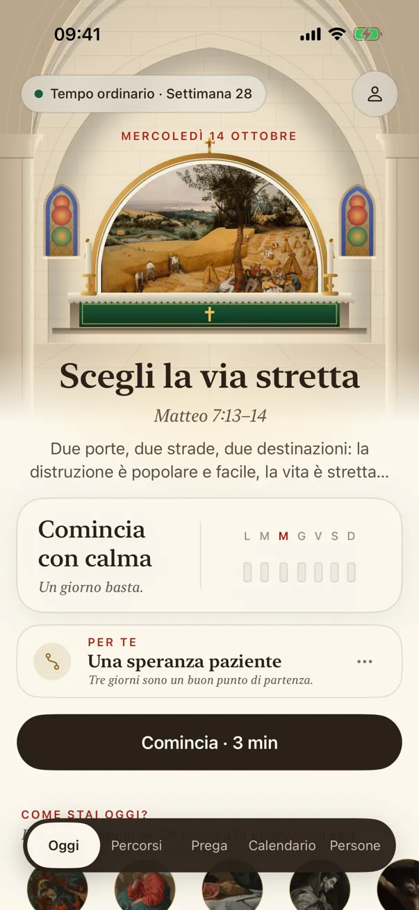 La schermata Oggi: il dipinto del giorno sopra l'altare di una chiesa, la pratica di oggi e la settimana di finestre.