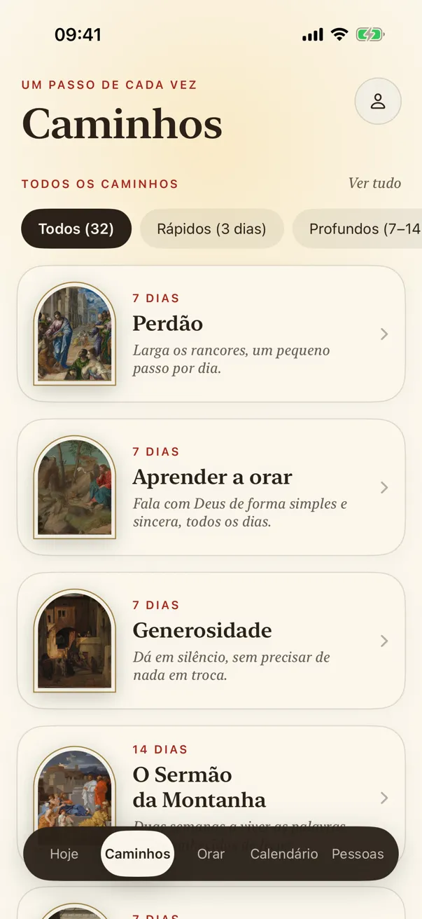 Caminhos: caminhos guiados de 3, 7 e 14 dias, cada um com a sua pintura.